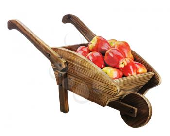 Red apples on wooden pushcart isolated on white background. Closeup.