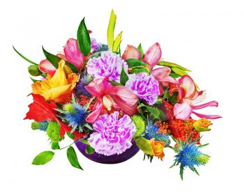 Floral bouquet of orchids, gladioluses and carnations arrangement centerpiece in blue glass vase isolated on white background.