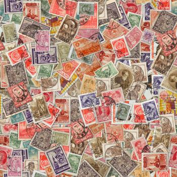 Seamless Tileable Texture of USSR Vintage Postage Stamps. Varicolored Collage of Stamps.