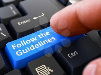 Follow the Guidelines Concept. Person Click on Blue Keyboard Button. Selective Focus. Closeup View. 3D Render.