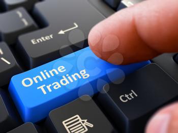 Online Trading Button. Male Finger Clicks on Blue Button on Black Keyboard. Closeup View. Blurred Background. 3D Render.
