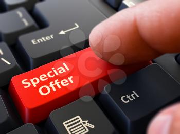 Person Click on Red Keyboard Button with Special Offer. Selective Focus. Closeup View. 3D Render.