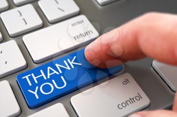 Thank You Concept - Modern Keyboard with Thank You Keypad. Man Finger Pressing Thank You Keypad on Modern Keyboard. Hand Pushing Thank You Blue Laptop Keyboard Key. 3D Illustration.