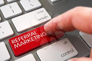 Selective Focus on the Referral Marketing Button. Man Finger Pressing Referral Marketing Button on Modernized Keyboard. Close Up view of Male Hand Touching Referral Marketing Computer Button. 3D.