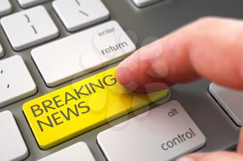 Selective Focus on the Breaking News Button. Breaking News Concept - Laptop Keyboard with Breaking News Key. Hand using Modernized Keyboard with Breaking News Yellow Button, Finger, Laptop. 3D Render.