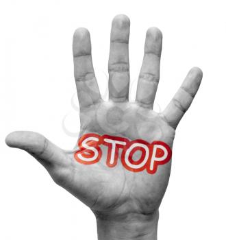 Stop - Raised Hand with Red-White Word Stop Palm - Isolated on White Background.
