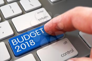 Business Concept - Male Finger Pointing Blue Budget 2018 Key on Slim Aluminum Keyboard. 3D.
