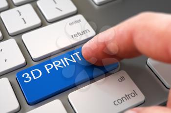 Man Finger Pressing Blue 3D Print Key on Modern Keyboard. 3D Illustration.