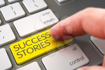 Business Concept - Male Finger Pointing Yellow Success Stories Button on Modern Laptop Keyboard. 3D Illustration.