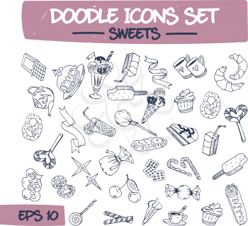 Doodle Icons Set of Sweets and Pastries. Sketch Illustration of Drawn Sweets, Pastries, Candy, Gingerbread, Cocktail, Croissant. Hand Drawing Line Illustrations for Your Presentations.