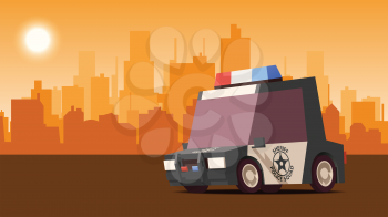 Police Car, Police Cruiser, Prowler, Squad Car, Radio Mobile Patrol RMP. Comic Cartoon Styled Side View Police Car on Orange Landscape Background. IsoFlat Styled Vector Illustration.