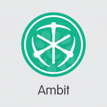 Ambit - Cryptographic Currency Concept. Colored Vector Icon Logo and Name of Virtual Currency on Grey Background. Vector Sign Icon for Exchange AMBT.
