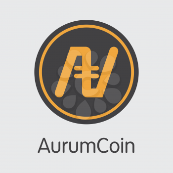 Aurumcoin - Crypto Currency Concept. Colored Vector Icon Logo and Name of Virtual Currency on Grey Background. Vector Illustration for Exchange AU.