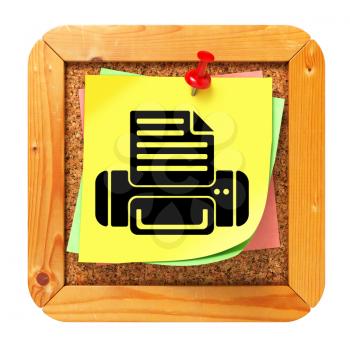 Print Concept - Printer Icon on Yellow Sticker on Cork Message Board.