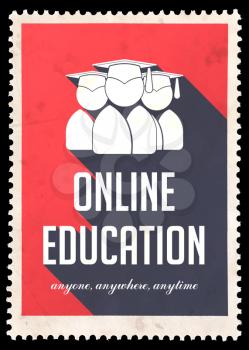 Online Education on Red Background. Vintage Concept in Flat Design with Long Shadows.