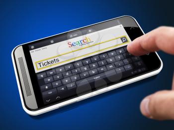 Tickets in Search String - Finger Presses the Button on Modern Smartphone on Blue Background.