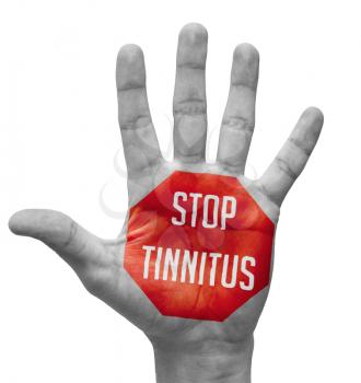 Stop Tinnitus Sign Painted, Open Hand Raised, Isolated on White Background.