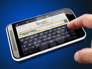 Happiness Request in Search String. Finger Pressing the Button on Modern Smartphone on Blue Background.