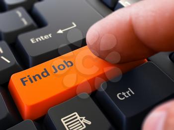 Find Job - Written on Orange Keyboard Key. Male Hand Presses Button on Black PC Keyboard. Closeup View. Blurred Background.
