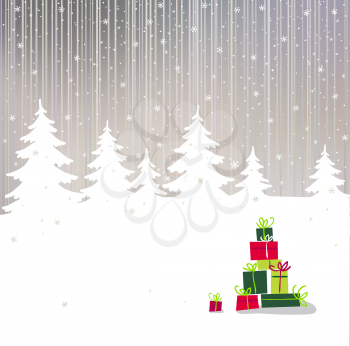Vector christmas background with color gift and winter tree