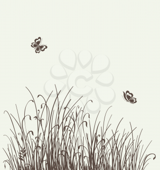 grass vector silhouette with beautiful pair butterfly