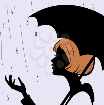 Beautiful young girl face silhouette with black umbrella on rainy day 