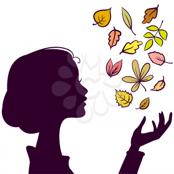 Beautiful Girl Dark Silhouette. Young Woman with Autumn Color Leaf in Hand