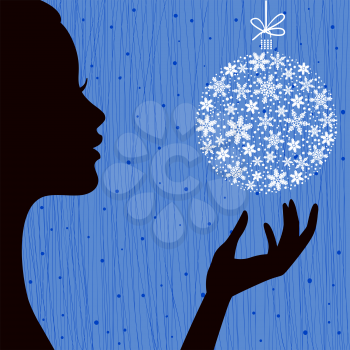 Christmas Eve Red Color Background with the Profile Silhouette of Pretty Young Woman with Snowflake Ball in her Hand. Image May Be Use as Postcard or Placard