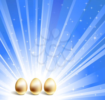 Gold eggs and blue star background