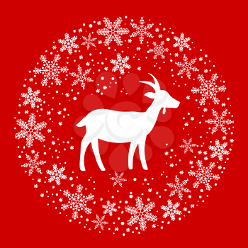 Winter Christmas Round Wreath with Snowflakes and Goat. Red and White Color Vector Illustration