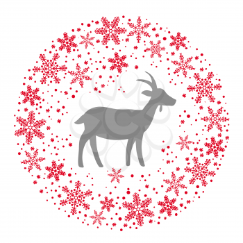Winter Christmas Round Wreath with Snowflakes and Goat. Red Grey and White Color Vector Illustration