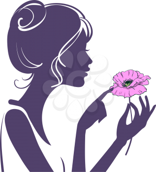 Pretty young girl with a pink poppy flower. Silhouette of the head and hands