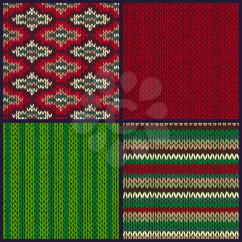 Seamless Knitted Pattern. Set of Christmas Samples. Collection of Red Green White Color Winter Backgrounds