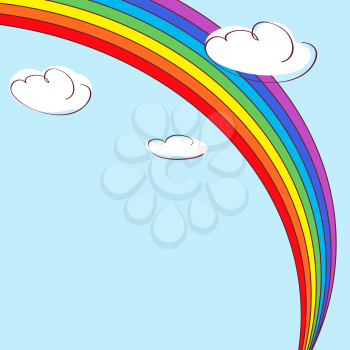 Rainbow and clouds. Light blue vector background