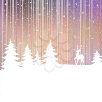 Christmas background. Winter landscape with deer. White fairy forest