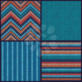 Seamless knitted pattern. Set of blue red orange white color backgrounds.