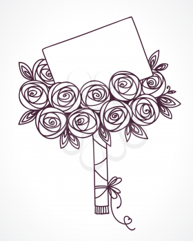 Bouquet of roses with message card. Hand drawing stylized flowers as gift with letter