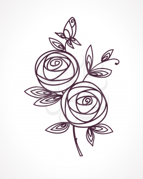 Roses. Stylized flower bouquet hand drawing. Outline icon symbol. Present for wedding, birthday invitation card