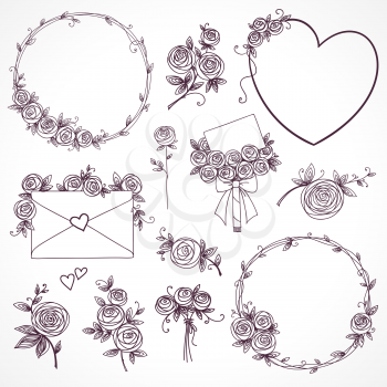 Set of floral design elements. Flower branch, wreaths, heart. Roses flowers. Wedding, birthday, valentines day concept