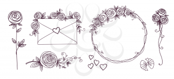 Set of floral design elements. Flower branch wreaths heart. Roses flowers. Wedding birthday valentines day concept