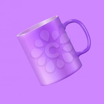 Tea mug hovers in the air. Ultra violet color 2018. Realistic vector 3d illustration.