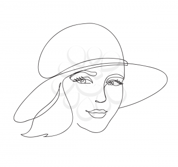 Woman head in hat. Isolated female portrait by line. Minimalist beauty logo print. Black and white hand drawn line art. Outline vector illustration.