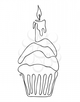 Muffin with one candle isolated on white background. Hand drawn vector illustration line art style