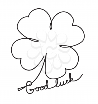 Saint patrick clover leaf with wish good luck, handwritten text in one line. Continuous line art vector illustration