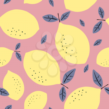 Seamless pattern with lemons. Citrus fruits modern texture yellow pink background. Abstract vector graphic illustration.
