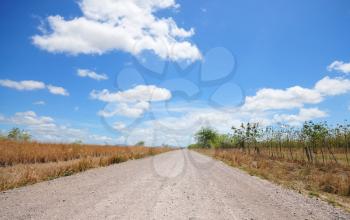 Lonely country dirt road with a beautiful blue sky and white puffy clouds