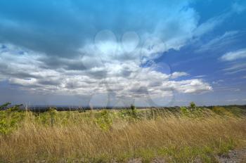 Beautiful mouintain view with tall grass and bright blue sky with puffy clouds done a HDR image