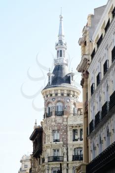 Beautiful buildong of rich architecture in the heart of Madrid, Spain.