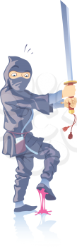 Royalty Free Clipart Image of a Ninja Stepping on Bubblegum