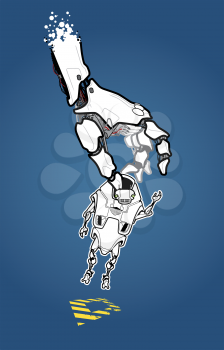 The picture is about the robot, who became the chosen one by the huge mechanical hand unexpectedly. What is waiting for him in future? 
This is the editable vector image saved in EPS file.
Please rate
